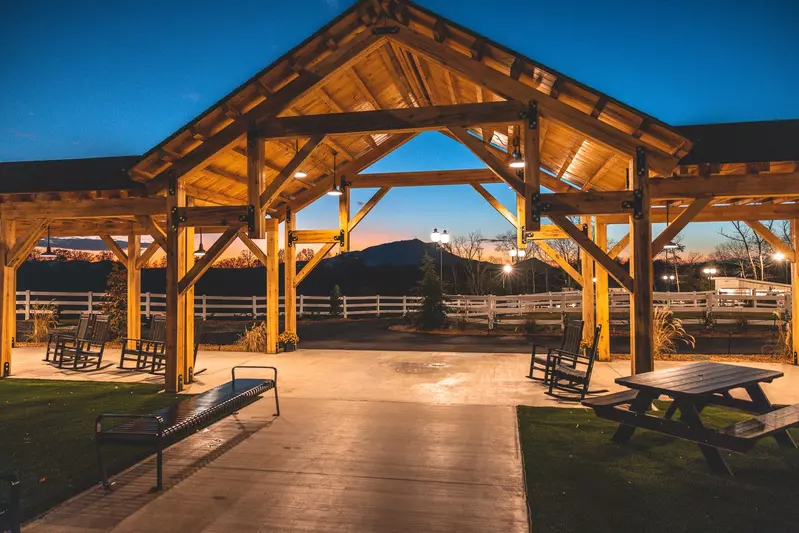 SkyLand Ranch building at sunset 