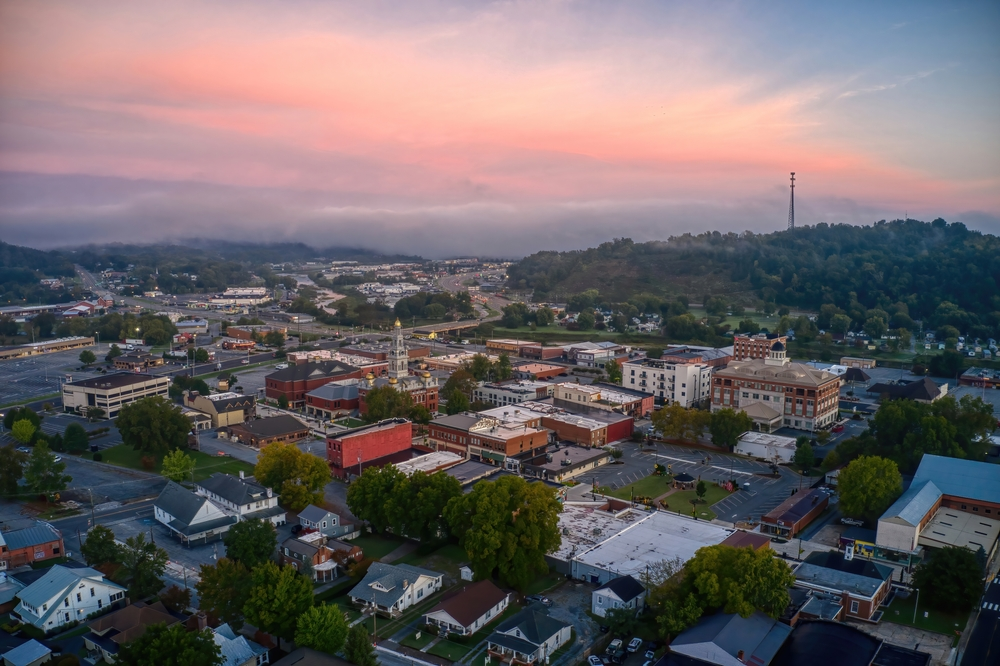 aerial view of Sevierville TN at sunset 