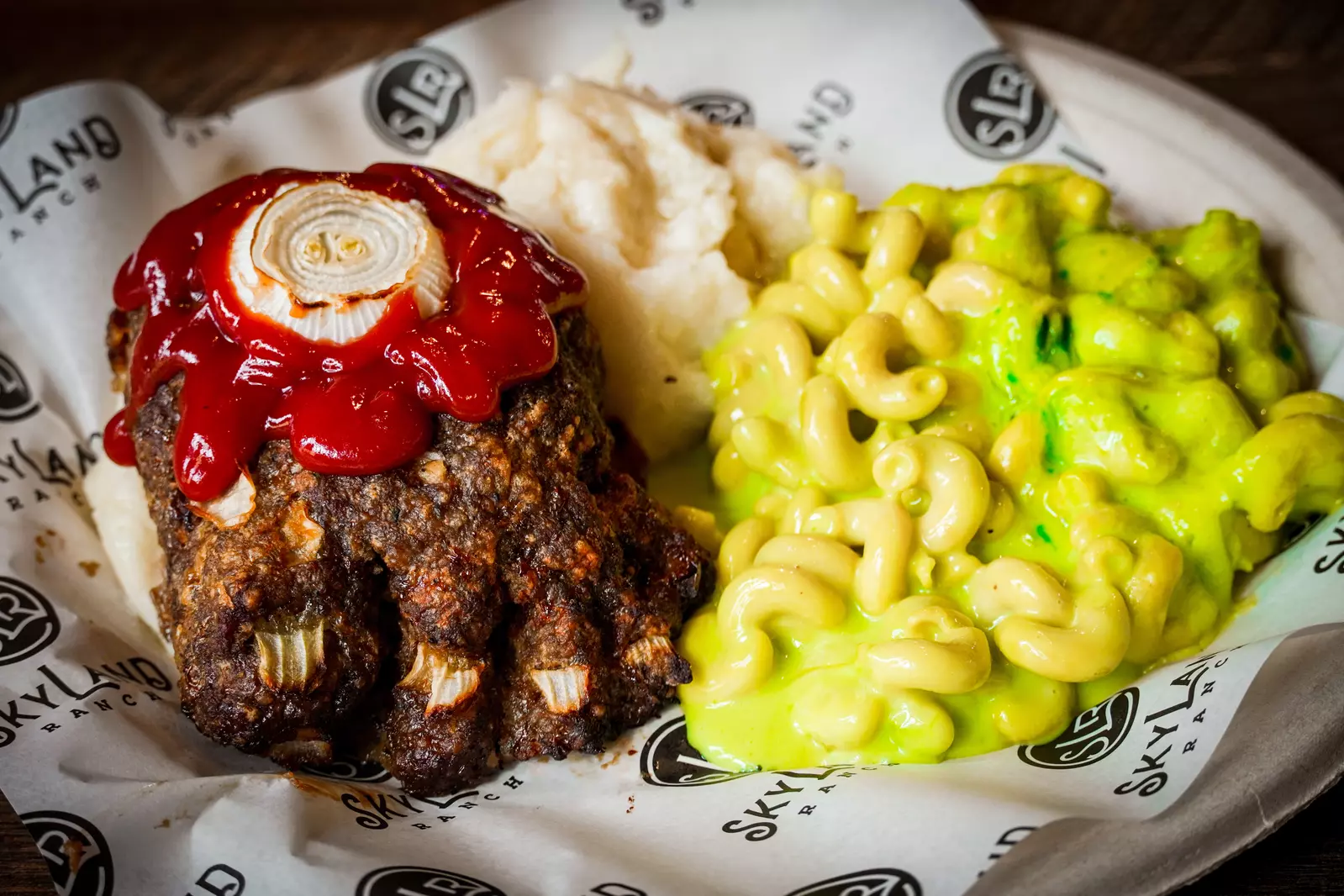 meatloaf and green mac and cheese