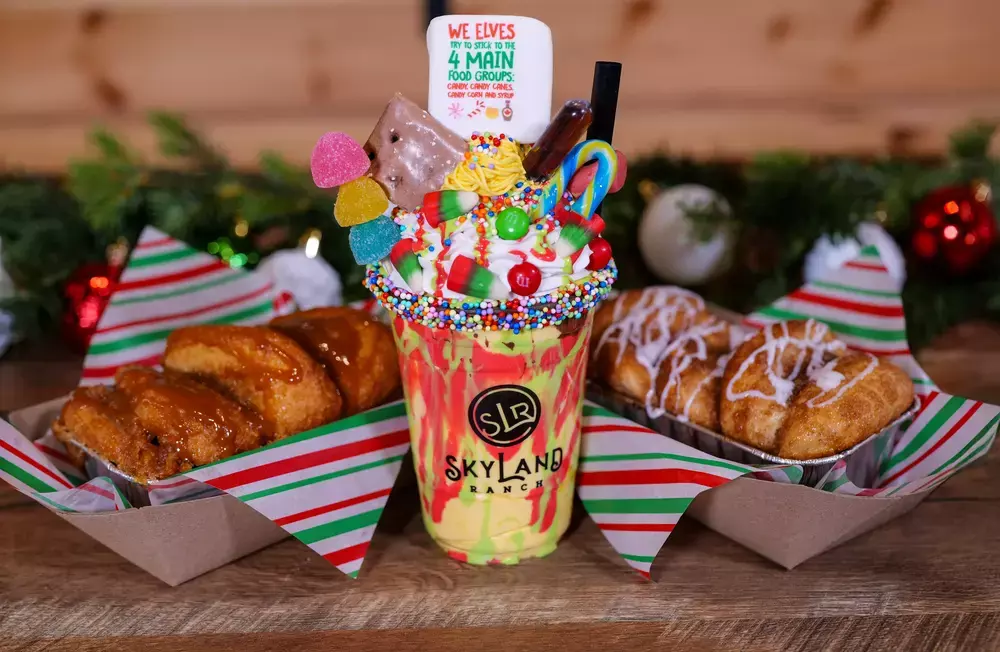 Elf-themed milkshake and cinnamon bread at SkyLand's Festival of Lights at The Ranch