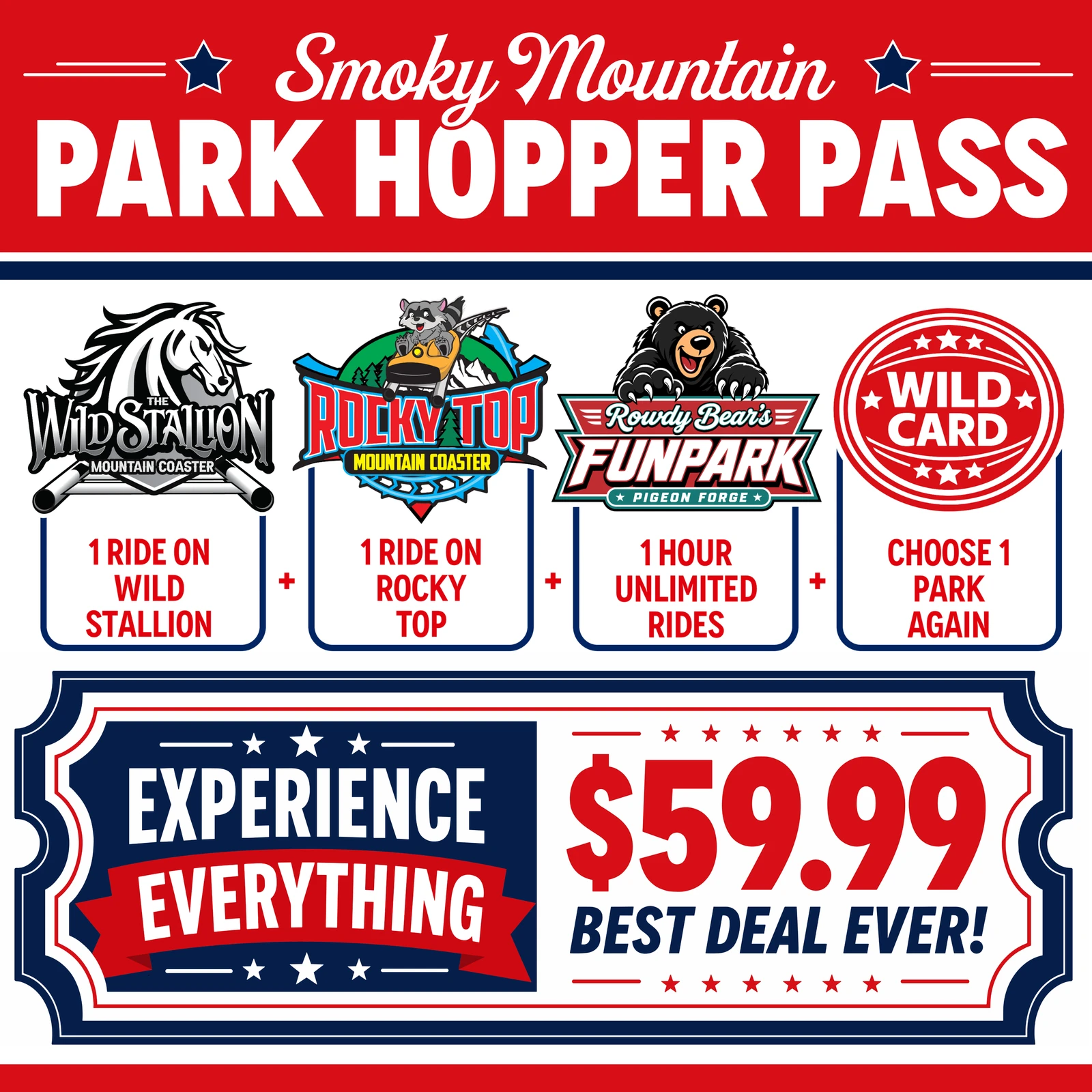 Smoky Mountain Park Hopper Pass Experience Everything $59.99